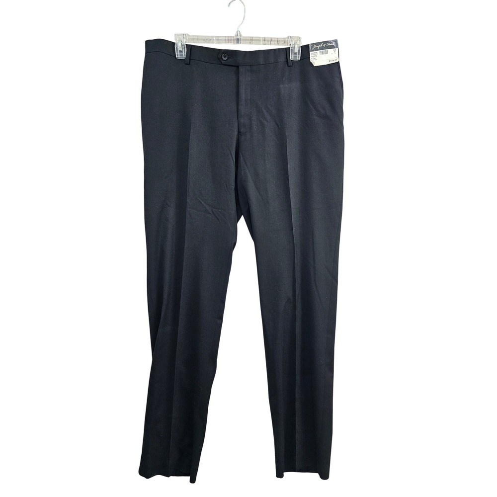 Joseph & Feiss Dress Pants Mens 42 Black 100% Wool Flat Front Open Hem New Slack